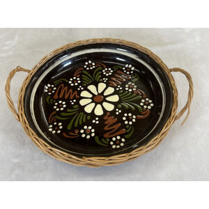 Vintage Soufflenheim French Stoneware Pottery Dish w/wicker handles BnftsCharity